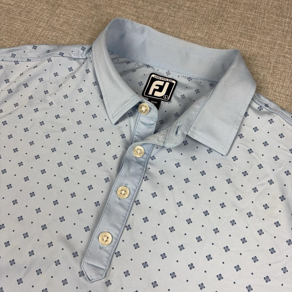 FootJoy Golf Polo Shirt Mens L Blue Geometric Athletic Fit Stretch Short Sleeve